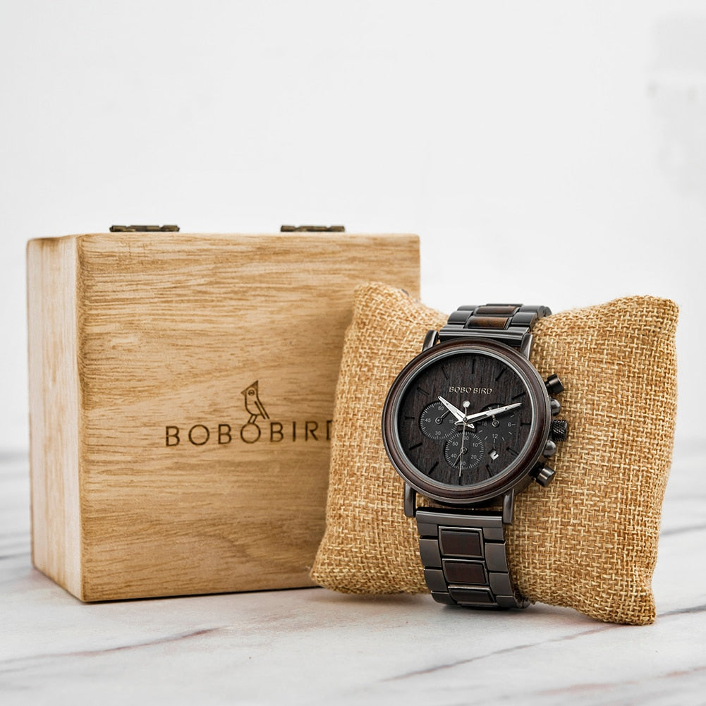 BOBO BIRD Chronograph Men Watch Wooden Brand Luxury Metal Clock montre design homme