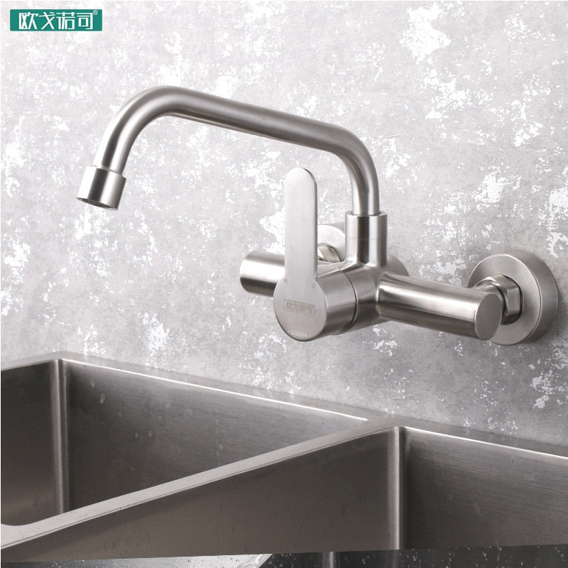 Wall mounted black kitchen faucet single handle double holes hot and cold water mixer