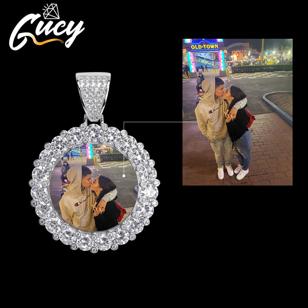 GUCY New Custom Photo Roundness Solid Back Pendant & Necklace With Tennis Chain Cubic Zircon Men's Hip Hop Jewelry