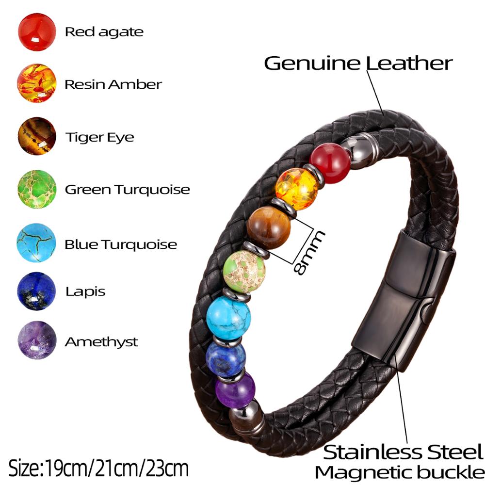 New Chakra Men Bracelet 7 Color Natural Yoga Healing Stone Beads Bracelets Black Genuine Leather Hommes Pulseras Jewelry Gifts