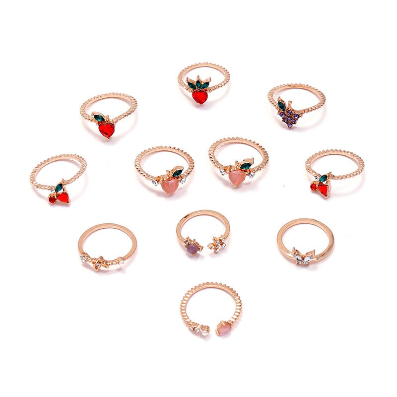 11 Pcs/Set Sweet Crystal Apple Strawberry Cherry Grape Rings for Women Fashion Butterfly Fruit Gem Gold Rings Set Party Jewelry