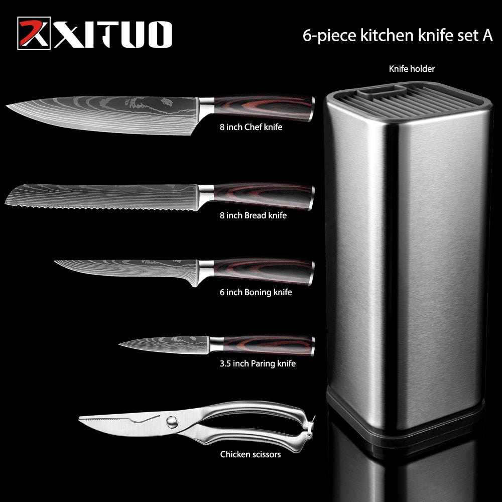 XITUO Kitchen Chef Set 4-8PCS set  Knife Stainless Steel Knife Holder Santoku Utility Cut Cleaver Bread Paring Knives Scissors