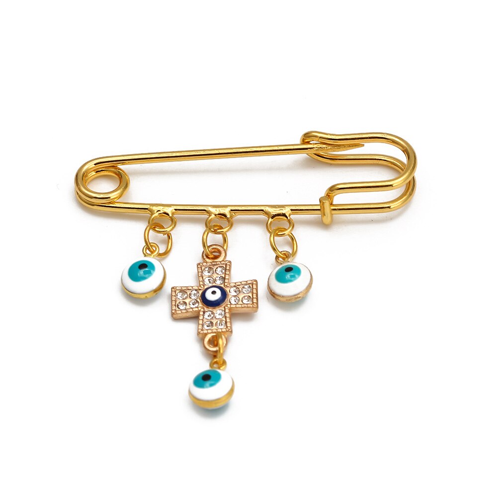 Lucky Eye Fatima Hamsa Hand Blue Turkish Evil Eye Brooch Pin Gold Color Alloy Charm Brooch for Women Men Fashion Jewelry BE102