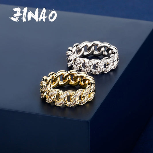 JINAOGold-plated Copper Hip Hop Rings All Iced Out Micro Pave Cubic Zircon 8mm Width Cuban Chain Ring for Men and Woman Gift