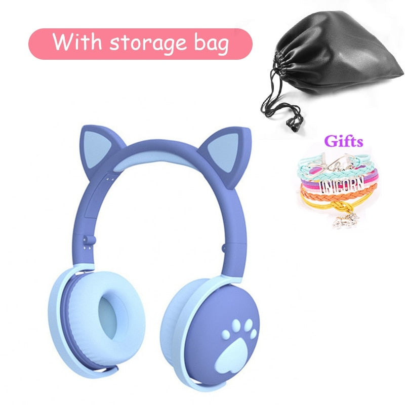 Cute Kids Headphones Wireless Earphones,Control LED light Cat Ear Girl Child Gift Blue-tooth Gaming Headset Stereo Bass With Mic