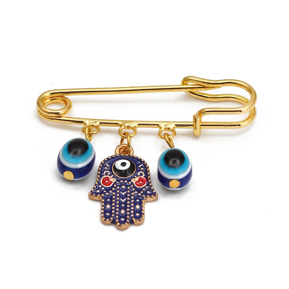 Lucky Eye Fatima Hamsa Hand Blue Turkish Evil Eye Brooch Pin Gold Color Alloy Charm Brooch for Women Men Fashion Jewelry BE102