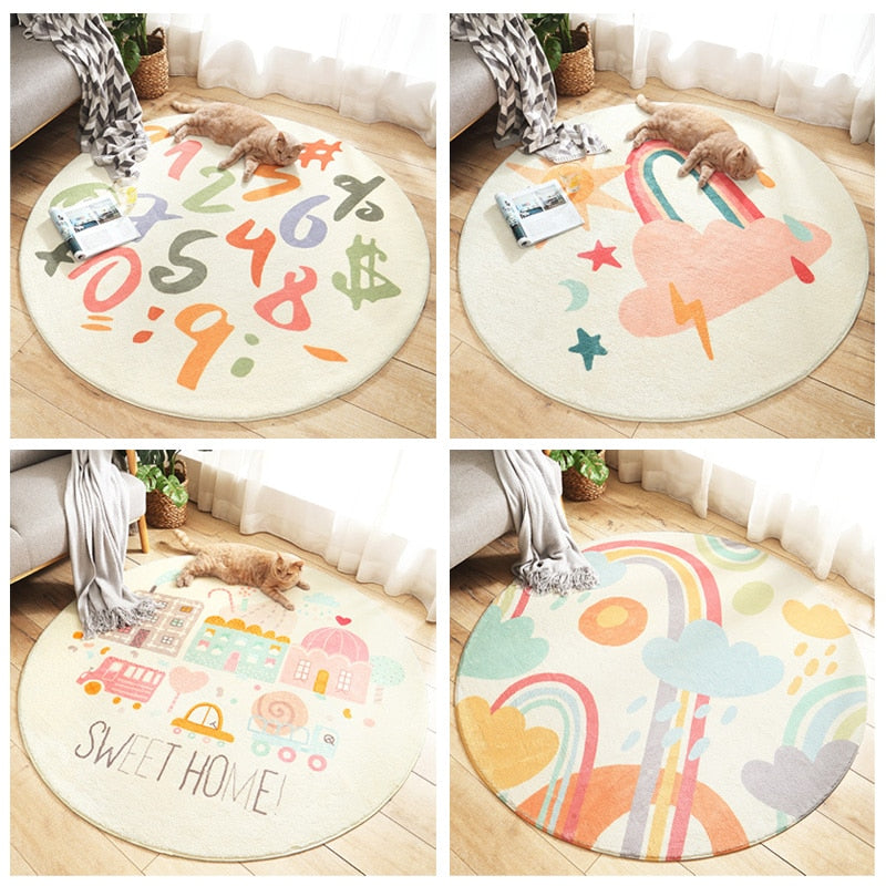 Cartoon Round Kids Bedroom Carpets Lamb Cashmere Home Living Room Non-Slip Carpet Sofa Tatami Bedside Rugs Baby Crawling Mat