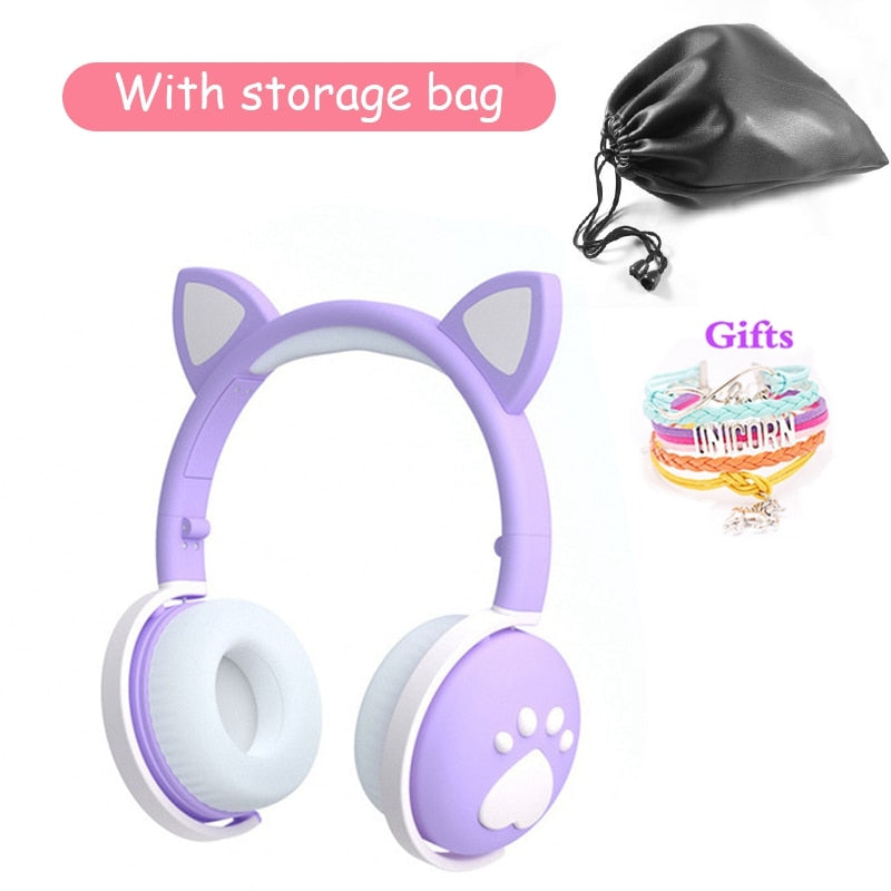 Cute Kids Headphones Wireless Earphones,Control LED light Cat Ear Girl Child Gift Blue-tooth Gaming Headset Stereo Bass With Mic