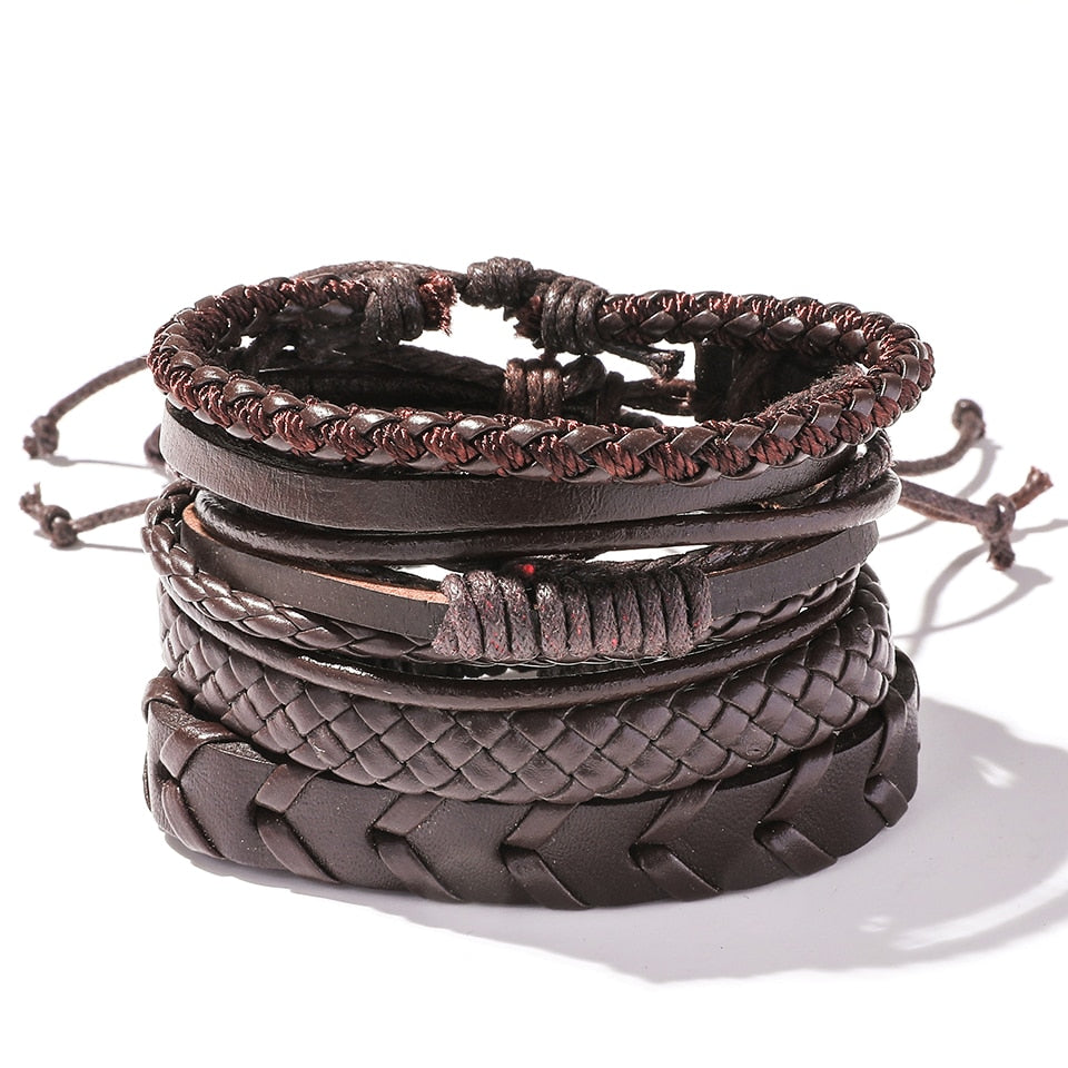 Trendy 5pcs Leather Wrap Bracelets Sets Bangles for Men Male Hippop Casual Jewelry Accessories Boyfriend Husband Gift Present