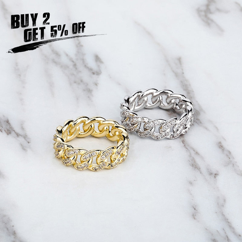 JINAOGold-plated Copper Hip Hop Rings All Iced Out Micro Pave Cubic Zircon 8mm Width Cuban Chain Ring for Men and Woman Gift