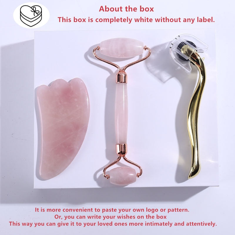 Rose Quartz Roller Massager Tool Natural Stone Facial Massager Jade Roller Microneedle Roller Jade Spatula Skin Care Kit Box