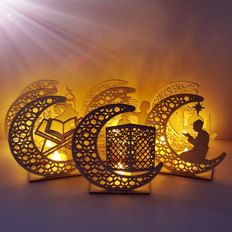 LED Eid Mubarak Wooden DIY Craft Ornament Pendant Islam Muslim Party Home Decoration Ramadan Kareem Event Party Supplies