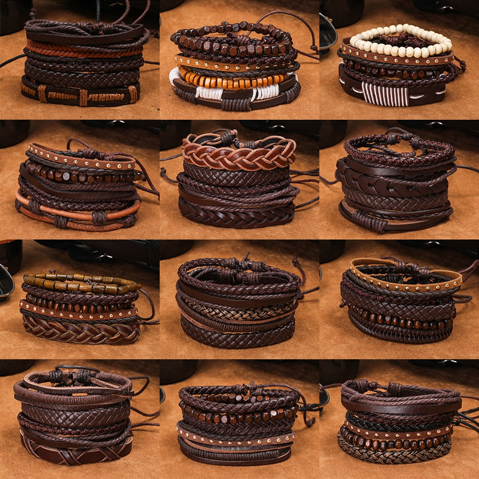 Trendy 5pcs Leather Wrap Bracelets Sets Bangles for Men Male Hippop Casual Jewelry Accessories Boyfriend Husband Gift Present