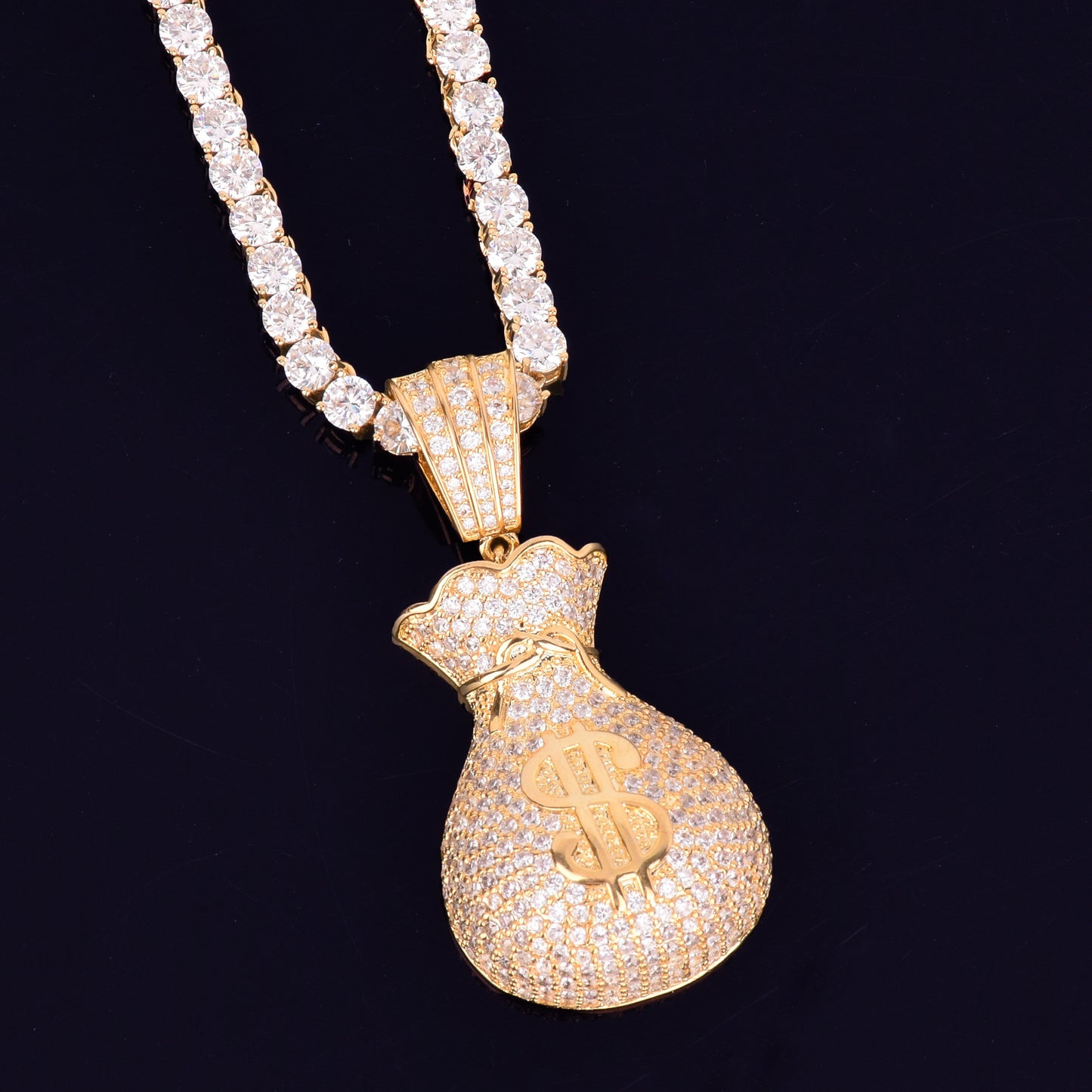 Men&#39;s Dollar Bag Pendant Necklace  Gold Color Bling Cubic Zircon Hip Hop Rock Jewelry