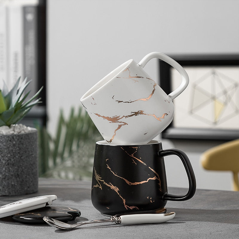 420ML Marble Couple Cup Ceramic Coffee Mug With spoon an Cover Creative Valentine&#39;s Day Wedding Birthday Gift