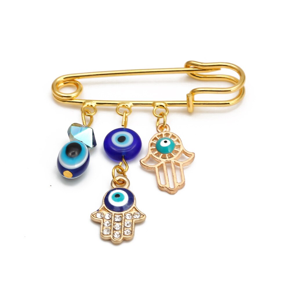 Lucky Eye Fatima Hamsa Hand Blue Turkish Evil Eye Brooch Pin Gold Color Alloy Charm Brooch for Women Men Fashion Jewelry BE102