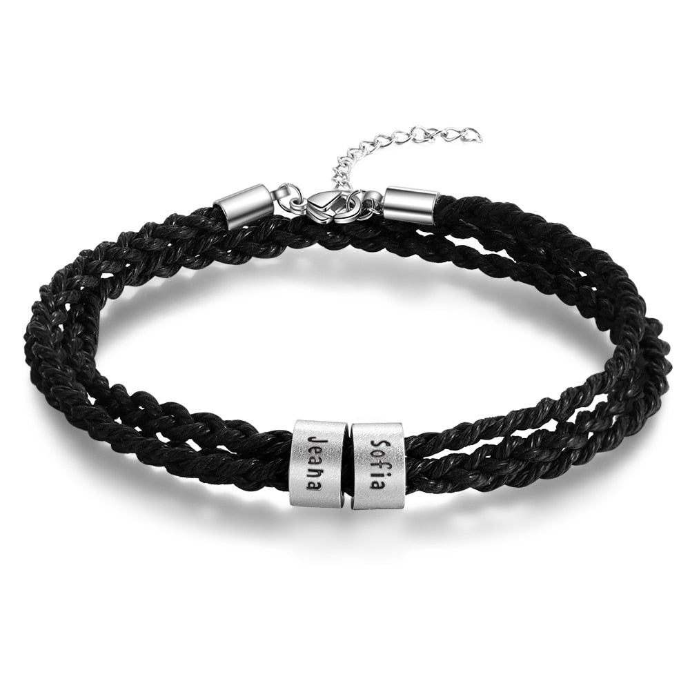 JewelOra Personalized Stainless Steel Custom Name Beads Bracelet Adjustable Multilayer Braided Rope Men Bracelets Dad Gift