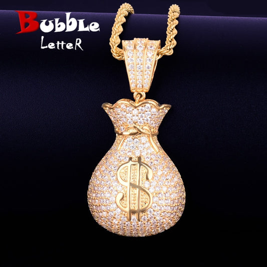 Men&#39;s Dollar Bag Pendant Necklace  Gold Color Bling Cubic Zircon Hip Hop Rock Jewelry