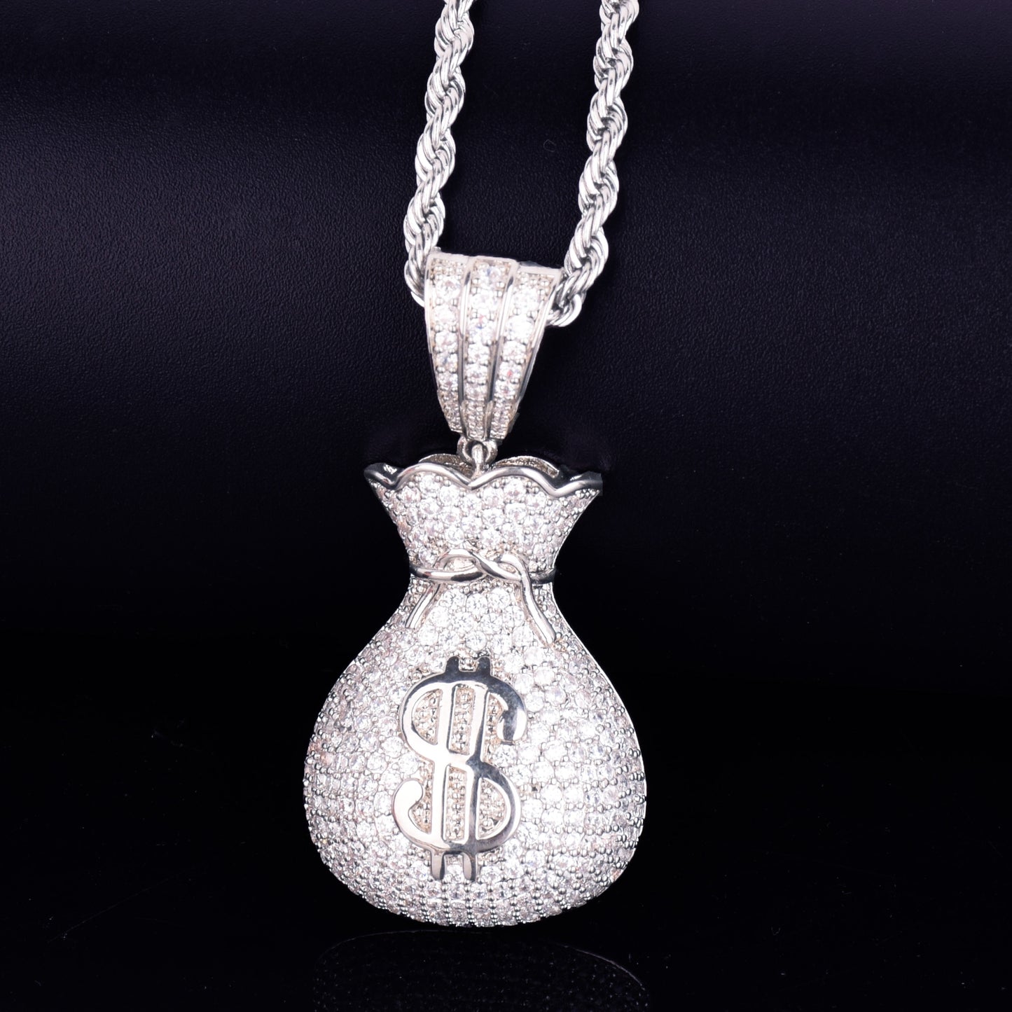 Men&#39;s Dollar Bag Pendant Necklace  Gold Color Bling Cubic Zircon Hip Hop Rock Jewelry