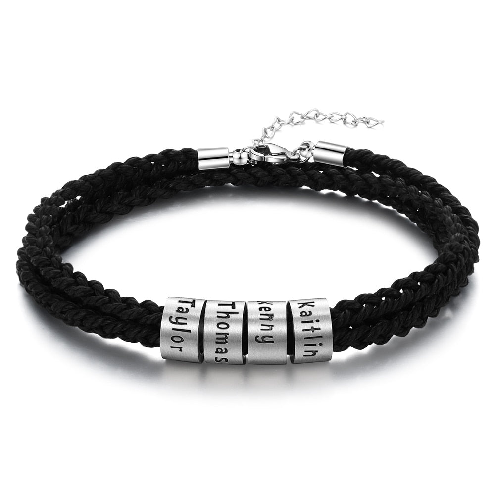 JewelOra Personalized Stainless Steel Custom Name Beads Bracelet Adjustable Multilayer Braided Rope Men Bracelets Dad Gift