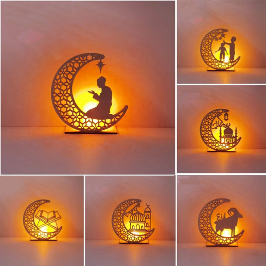 LED Eid Mubarak Wooden DIY Craft Ornament Pendant Islam Muslim Party Home Decoration Ramadan Kareem Event Party Supplies