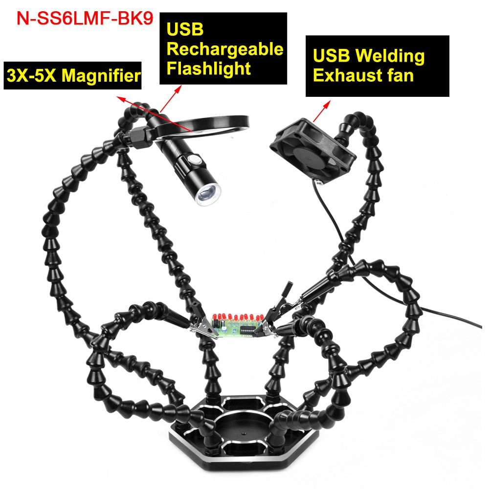 NEWACALOX Welding Repair Workbench with 3X USB LED Magnifier PCB Holder Soldering Tool Third Helping Hand  6Pcs Flexible Arms