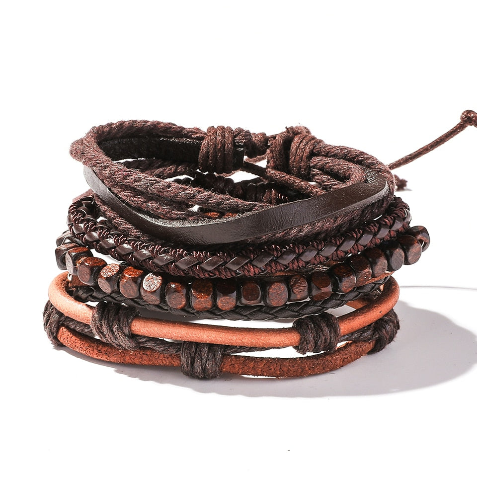 Trendy 5pcs Leather Wrap Bracelets Sets Bangles for Men Male Hippop Casual Jewelry Accessories Boyfriend Husband Gift Present