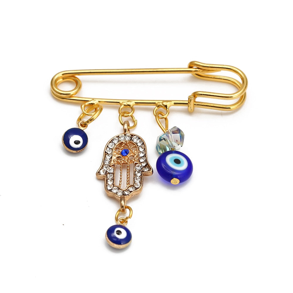 Lucky Eye Fatima Hamsa Hand Blue Turkish Evil Eye Brooch Pin Gold Color Alloy Charm Brooch for Women Men Fashion Jewelry BE102