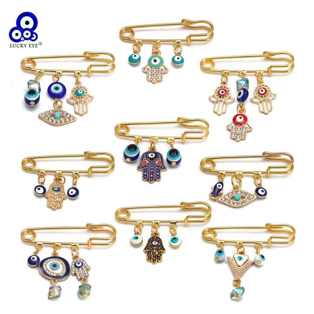 Lucky Eye Fatima Hamsa Hand Blue Turkish Evil Eye Brooch Pin Gold Color Alloy Charm Brooch for Women Men Fashion Jewelry BE102