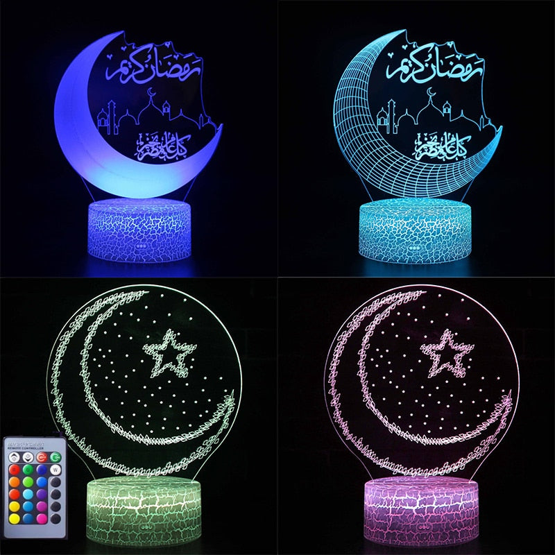 3D Ramadan LED Lights Acrylic EID Mubarak Muslim Decoration for Home Desktop Lights Moon Stars Remote Control Colorful EID Lamp