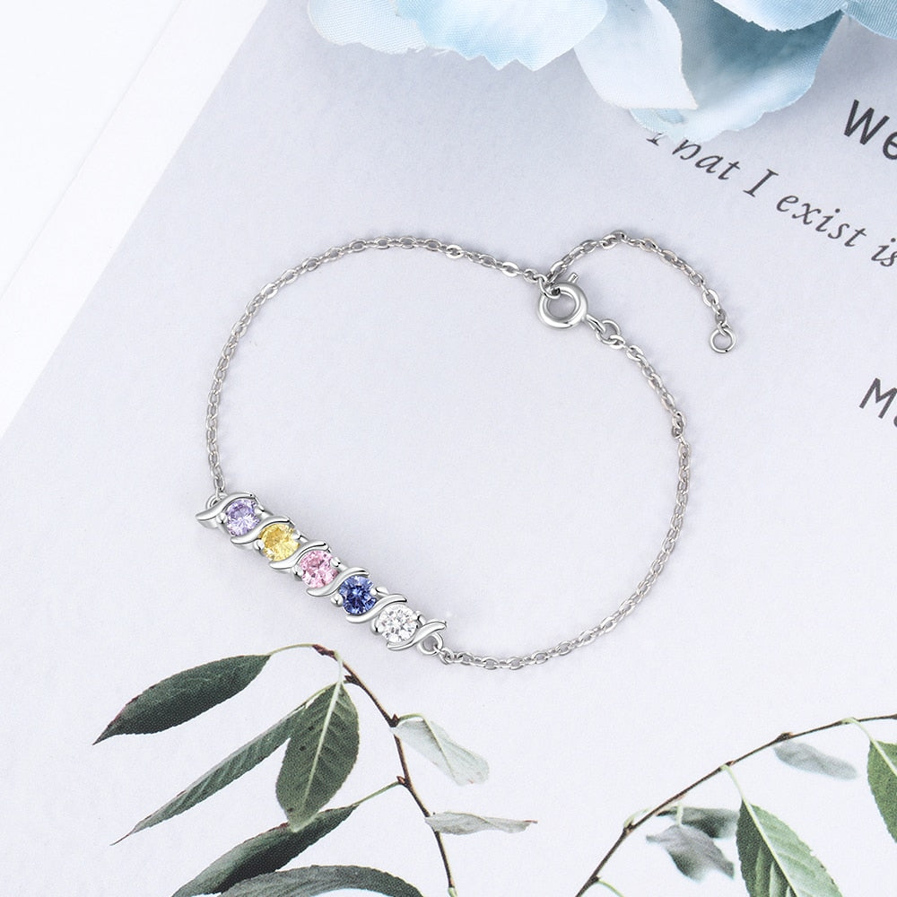 Personalized  Silver Color Bracelet with 5 Birthstone Round Cubic Zirconia Charm Bracelets Fine Jewelry (Lam Hub Fong)