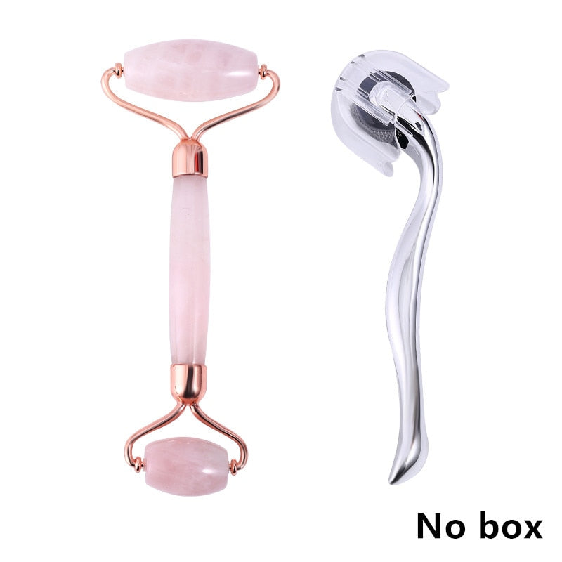 Rose Quartz Roller Massager Tool Natural Stone Facial Massager Jade Roller Microneedle Roller Jade Spatula Skin Care Kit Box