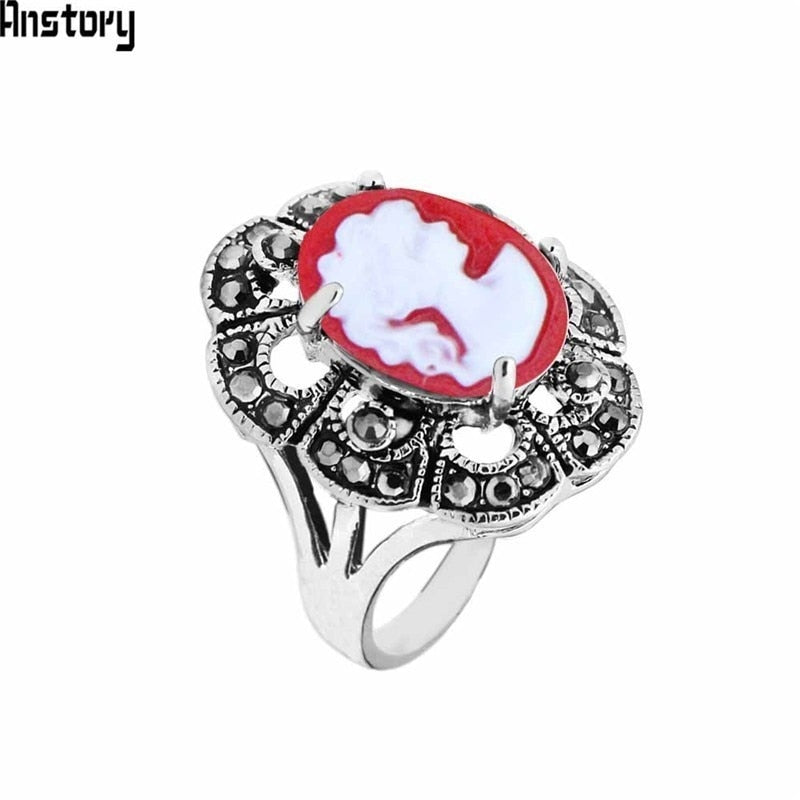 Oval Lady Queen Cameo Rings For Women Antique Silver Plated Rhinestone Plum Flower Vintage Fashion Jewelry TR708