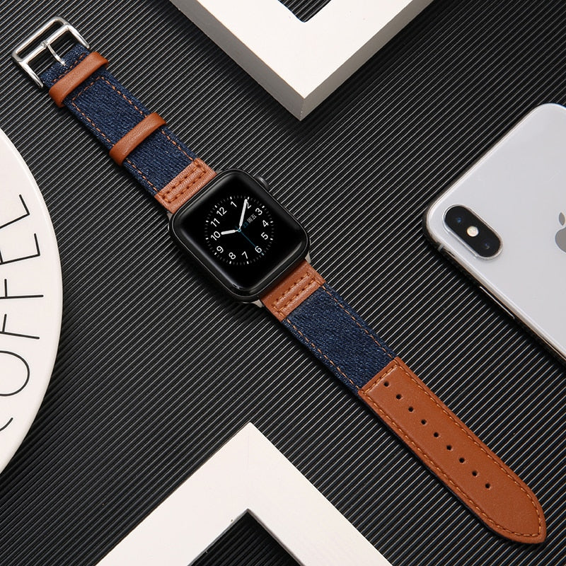 Fabric&amp;Genuine Leather strap for apple watch band 42mm 38mm 44mm 40mm 45mm 41mm iwatch SE/7/6/5/4/3/2 bracelet belt Accessories