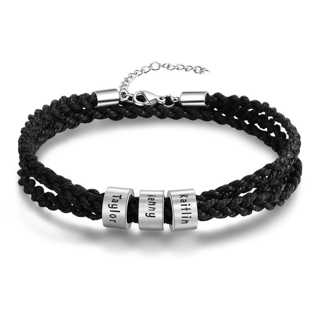 JewelOra Personalized Stainless Steel Custom Name Beads Bracelet Adjustable Multilayer Braided Rope Men Bracelets Dad Gift