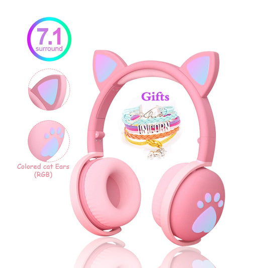 Cute Kids Headphones Wireless Earphones,Control LED light Cat Ear Girl Child Gift Blue-tooth Gaming Headset Stereo Bass With Mic