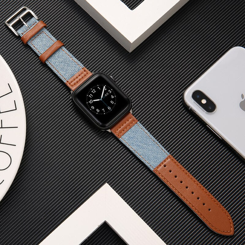 Fabric&amp;Genuine Leather strap for apple watch band 42mm 38mm 44mm 40mm 45mm 41mm iwatch SE/7/6/5/4/3/2 bracelet belt Accessories