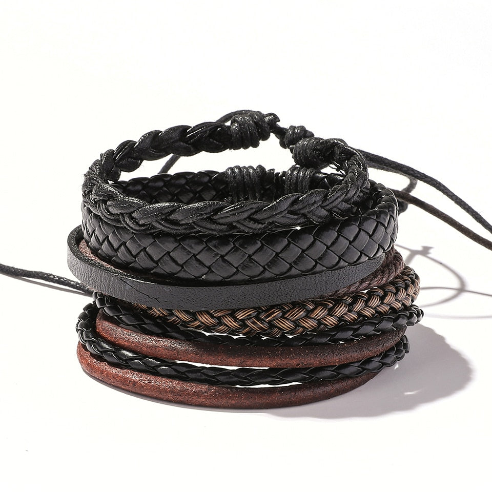 Trendy 5pcs Leather Wrap Bracelets Sets Bangles for Men Male Hippop Casual Jewelry Accessories Boyfriend Husband Gift Present