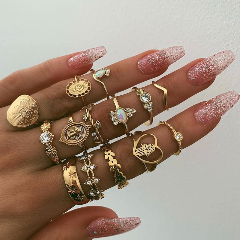 11 Pcs/Set Sweet Crystal Apple Strawberry Cherry Grape Rings for Women Fashion Butterfly Fruit Gem Gold Rings Set Party Jewelry