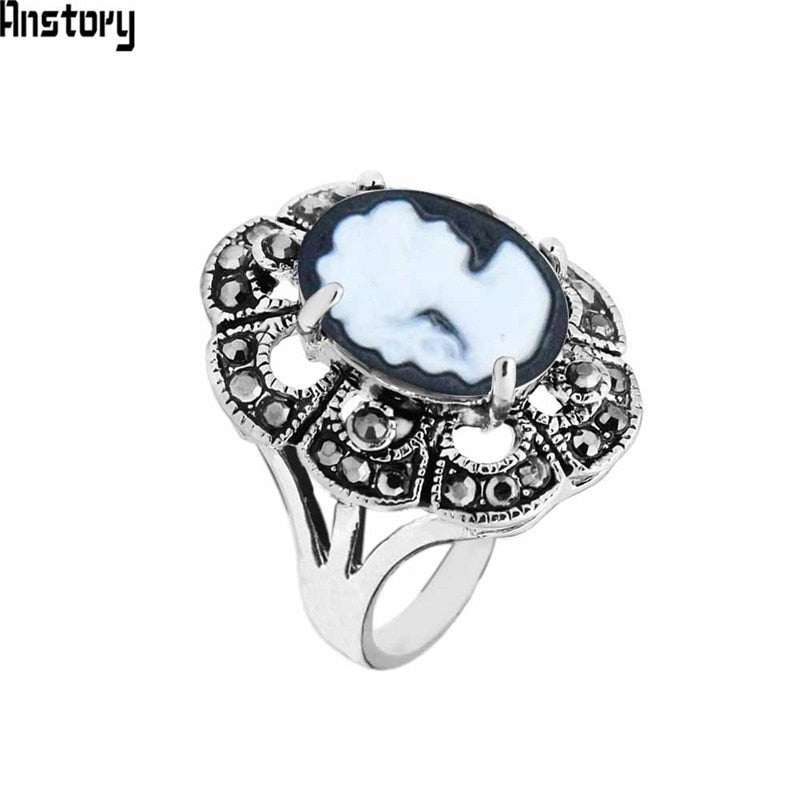 Oval Lady Queen Cameo Rings For Women Antique Silver Plated Rhinestone Plum Flower Vintage Fashion Jewelry TR708