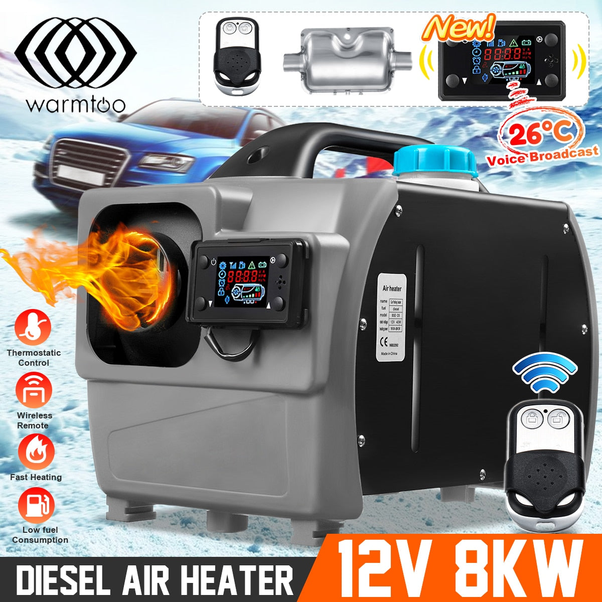 Warmtoo All In One Mini Diesel Air Heater 8KW 12V One Hole Car Heater For Trucks Motor-Homes LCD /Button Remote New Arrival