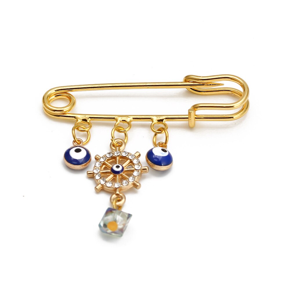 Lucky Eye Fatima Hamsa Hand Blue Turkish Evil Eye Brooch Pin Gold Color Alloy Charm Brooch for Women Men Fashion Jewelry BE102