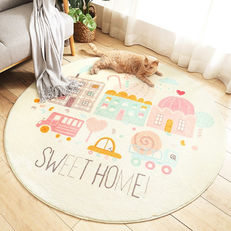 Cartoon Round Kids Bedroom Carpets Lamb Cashmere Home Living Room Non-Slip Carpet Sofa Tatami Bedside Rugs Baby Crawling Mat