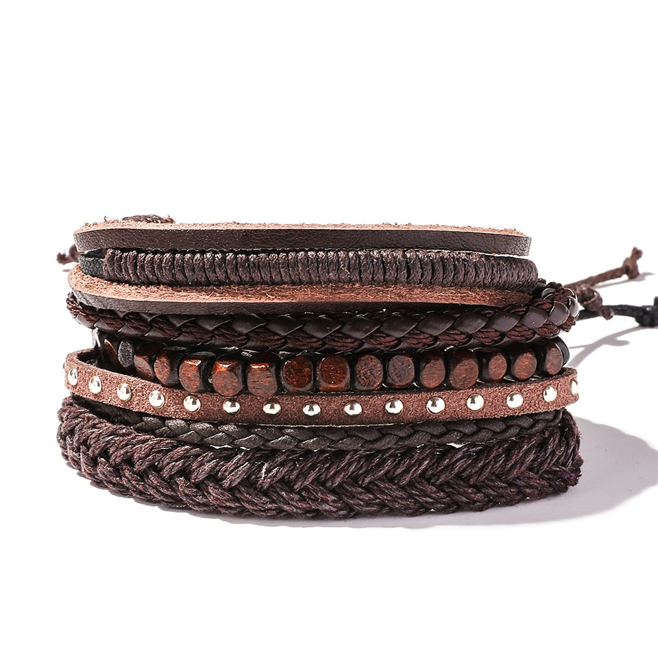 Trendy 5pcs Leather Wrap Bracelets Sets Bangles for Men Male Hippop Casual Jewelry Accessories Boyfriend Husband Gift Present