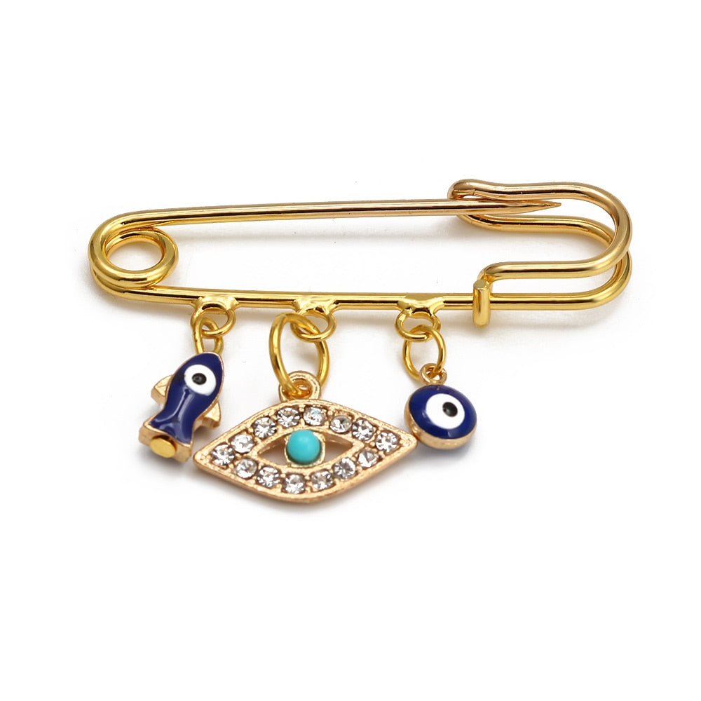 Lucky Eye Fatima Hamsa Hand Blue Turkish Evil Eye Brooch Pin Gold Color Alloy Charm Brooch for Women Men Fashion Jewelry BE102