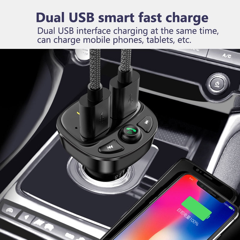 Konrisa Car FM Transmitter Bluetooth 5.0 Dual USB Charger Wireless Handsfree Car Kit FM Adapter Support TF Card USB Drive