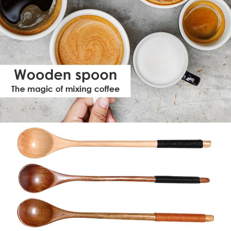 Long Handle Wood Spoon for Honey Rice Soup Dessert Coffee Tea Mixing Kitchen Utensil Tools Teaspoon Catering Bamboo Wooden Spoon