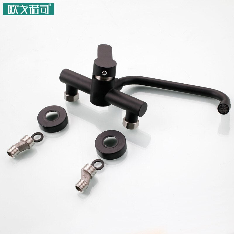 Wall mounted black kitchen faucet single handle double holes hot and cold water mixer