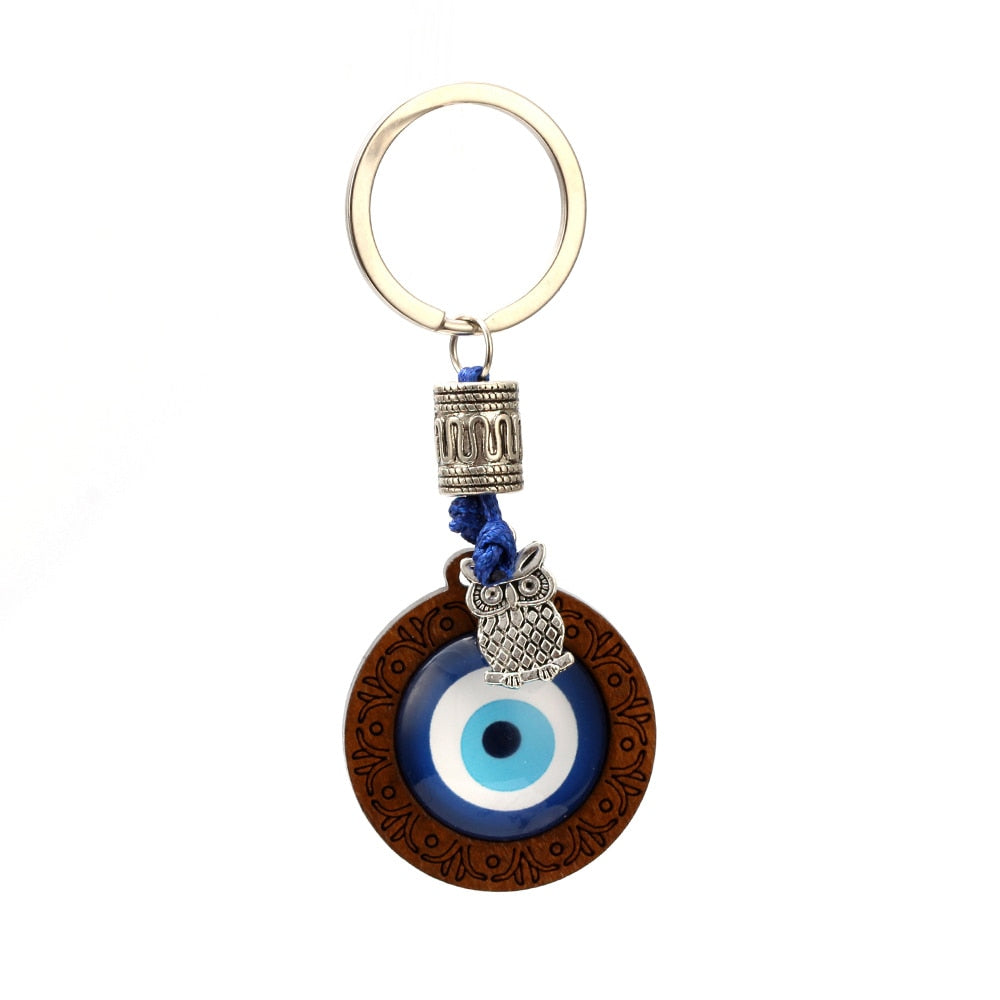 Lucky Eye Keychain Wood Turkish Blue Evil Eye Pendant Hamsa Hand Elephant Owl Charm Key Chain Jewelry for Women Men Car EY6296