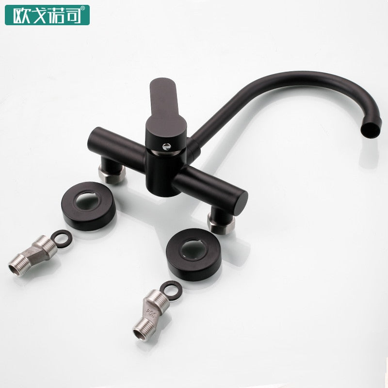 Wall mounted black kitchen faucet single handle double holes hot and cold water mixer